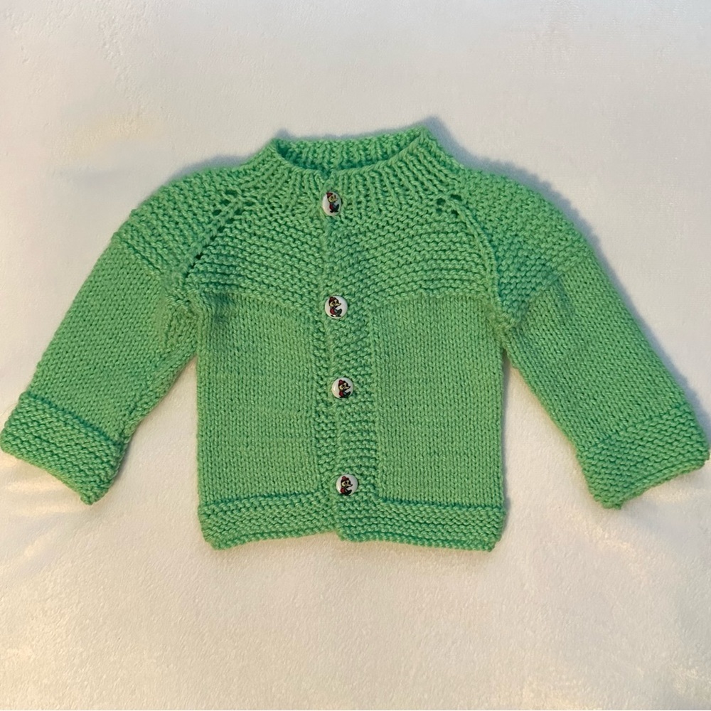 Vintage Handmade Green Cardigan Sweater Duck Buttons Crochet Knit NB Baby Boy
